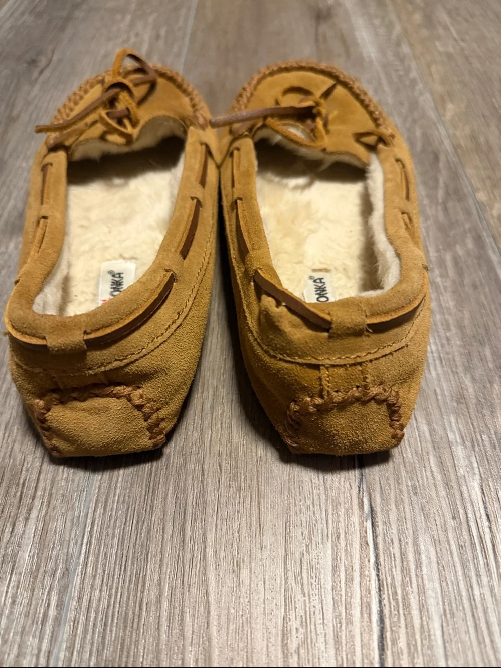 Minnetonka Kids Tan Suede Moccasin Slippers with Faux Fur